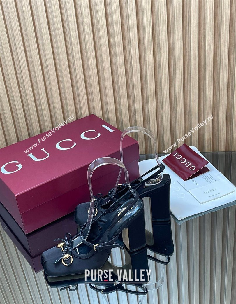 Gucci Horsebit Slingback Pumps 9.5cm in Satin Black 2025 850327 (SS-251218027)