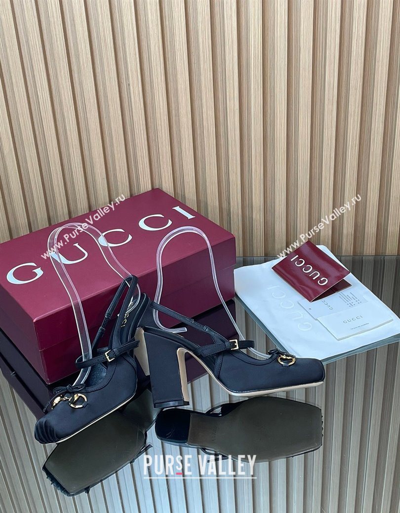 Gucci Horsebit Slingback Pumps 9.5cm in Satin Black 2025 850327 (SS-251218027)