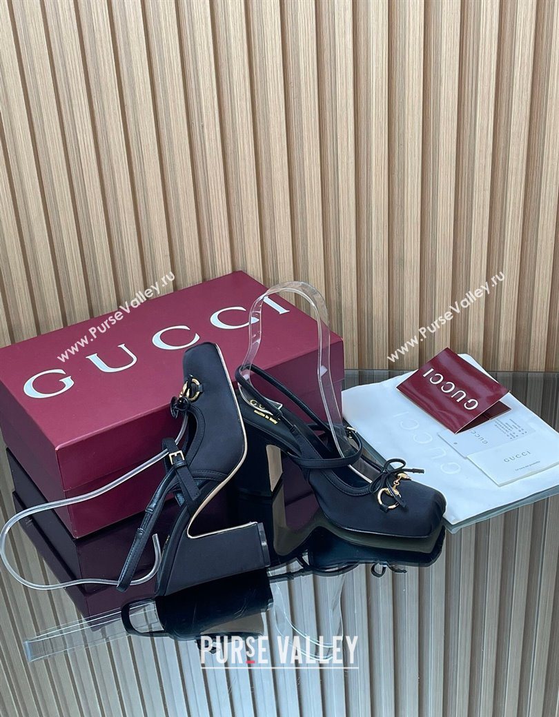 Gucci Horsebit Slingback Pumps 9.5cm in Satin Black 2025 850327 (SS-251218027)