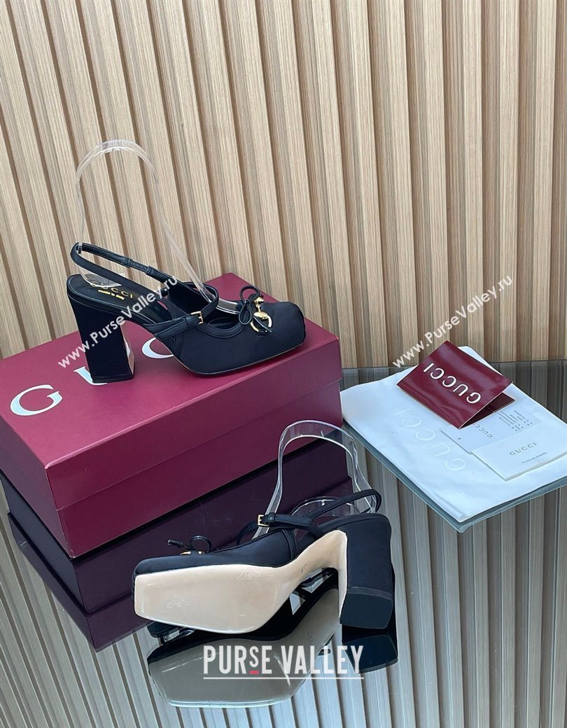 Gucci Horsebit Slingback Pumps 9.5cm in Satin Black 2025 850327 (SS-251218027)