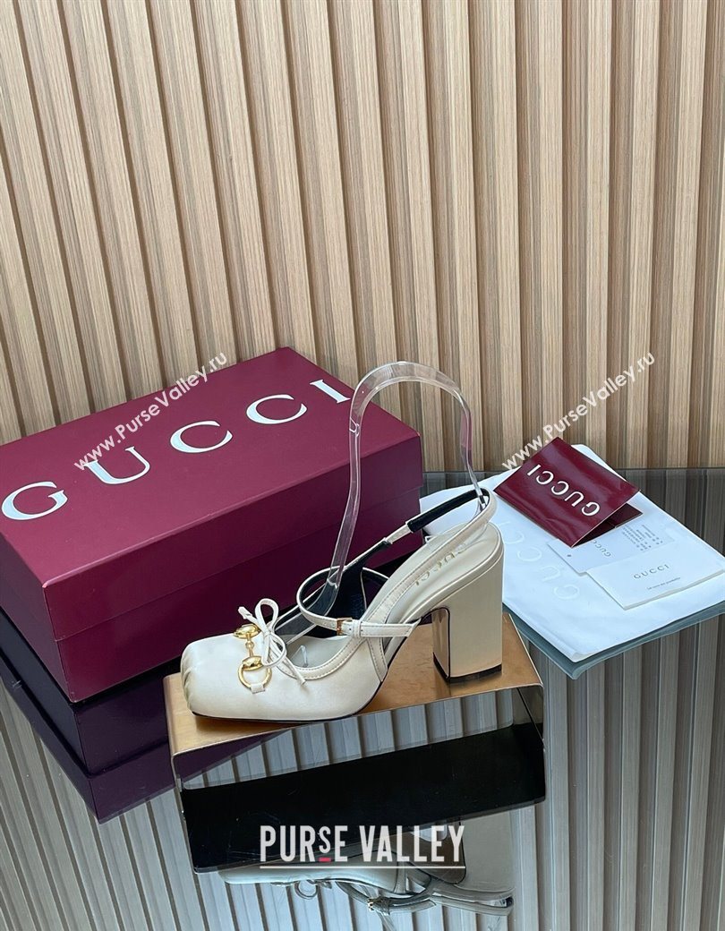 Gucci Horsebit Slingback Pumps 9.5cm in Satin White 2025 850327 (SS-251218029)