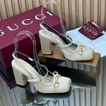 Gucci Horsebit Slingback Pumps 9.5cm in Satin White 2025 850327 (SS-251218029)