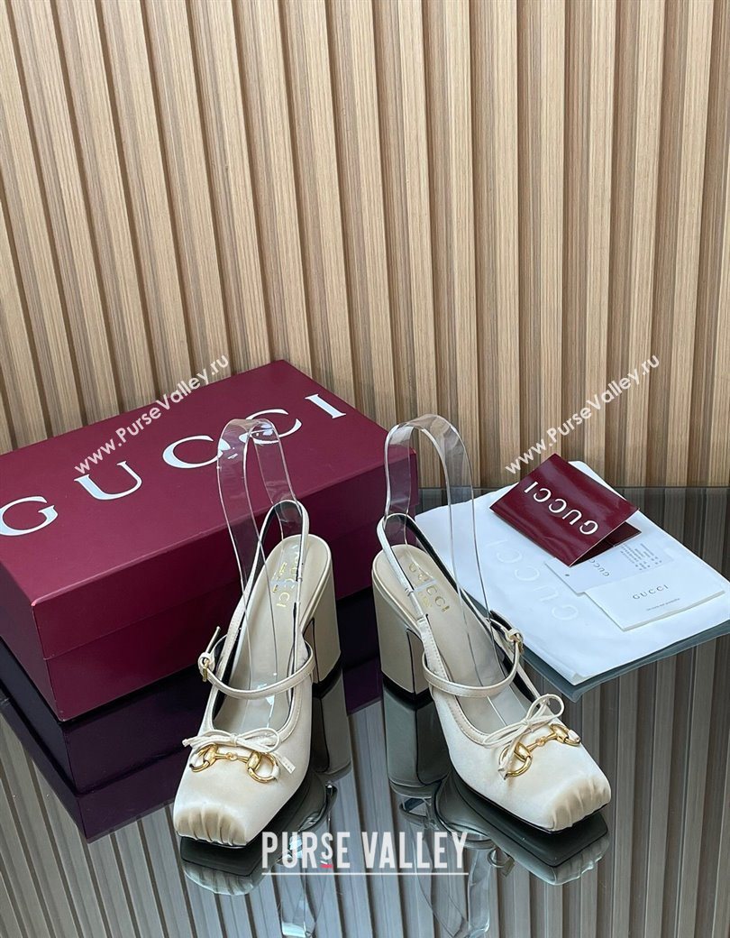 Gucci Horsebit Slingback Pumps 9.5cm in Satin White 2025 850327 (SS-251218029)