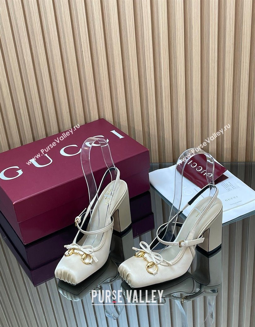 Gucci Horsebit Slingback Pumps 9.5cm in Satin White 2025 850327 (SS-251218029)