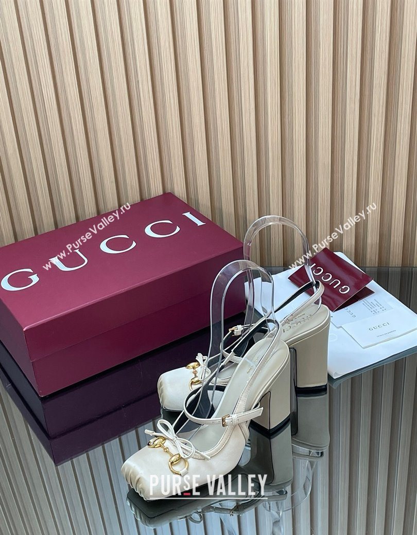 Gucci Horsebit Slingback Pumps 9.5cm in Satin White 2025 850327 (SS-251218029)