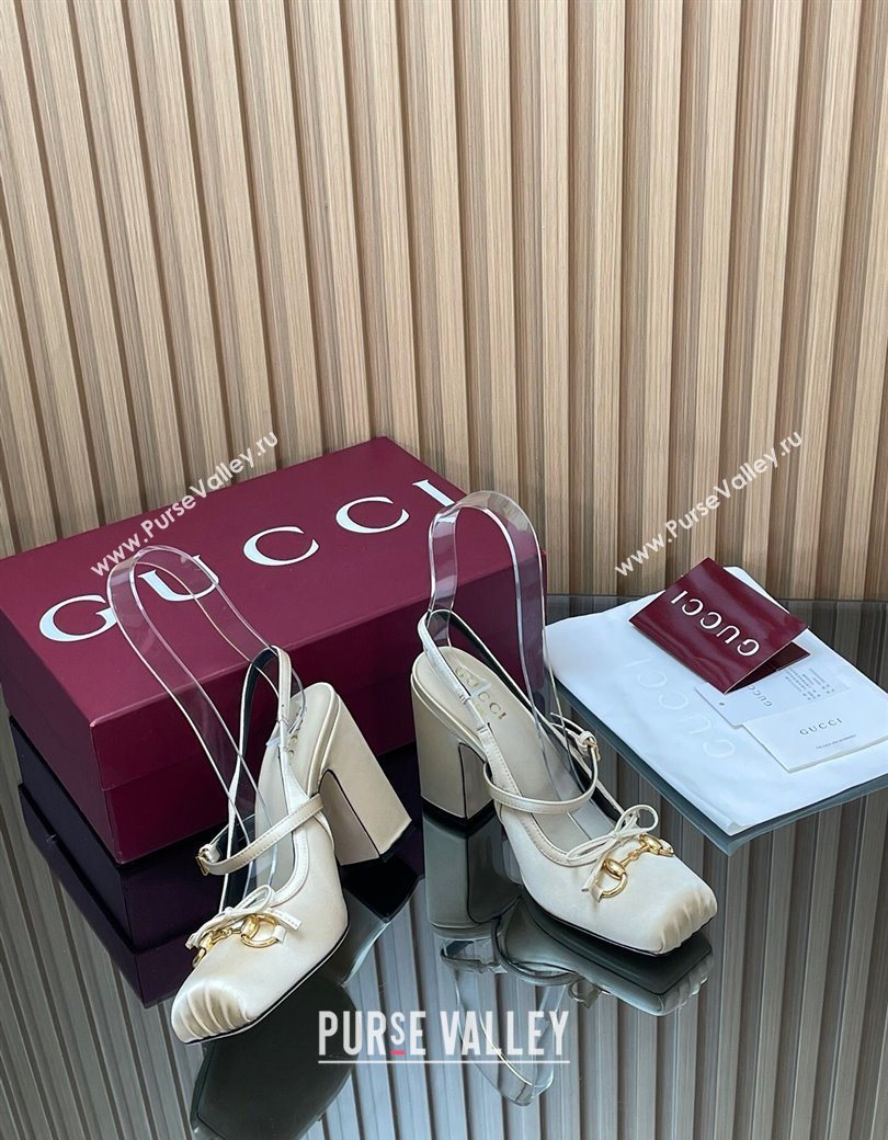 Gucci Horsebit Slingback Pumps 9.5cm in Satin White 2025 850327 (SS-251218029)