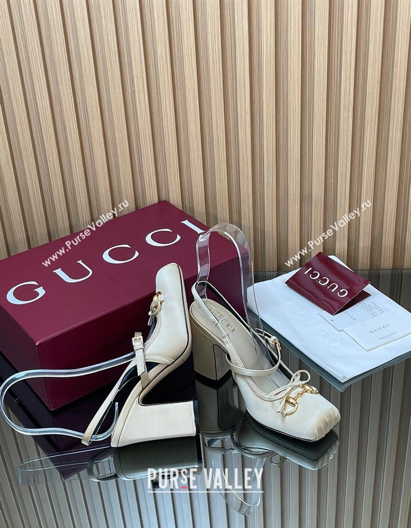 Gucci Horsebit Slingback Pumps 9.5cm in Satin White 2025 850327 (SS-251218029)