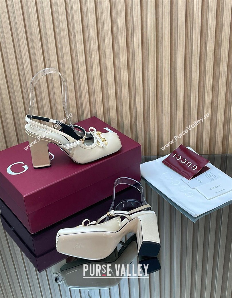 Gucci Horsebit Slingback Pumps 9.5cm in Satin White 2025 850327 (SS-251218029)
