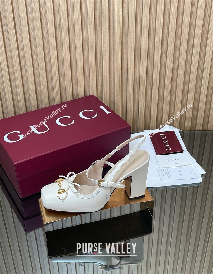Gucci Horsebit Slingback Pumps 9.5cm in Calf Leather White 2025 850327 (SS-251218030)