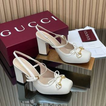 Gucci Horsebit Slingback Pumps 9.5cm in Calf Leather White 2025 850327 (SS-251218030)