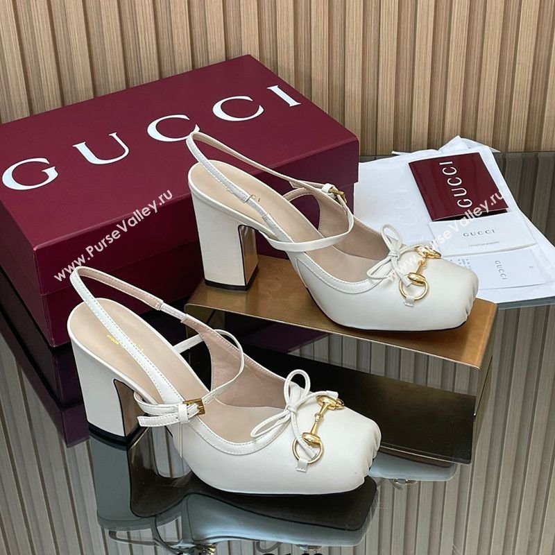 Gucci Horsebit Slingback Pumps 9.5cm in Calf Leather White 2025 850327 (SS-251218030)