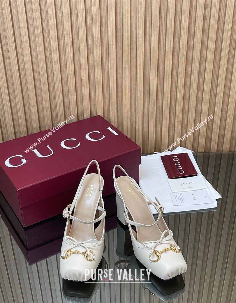 Gucci Horsebit Slingback Pumps 9.5cm in Calf Leather White 2025 850327 (SS-251218030)