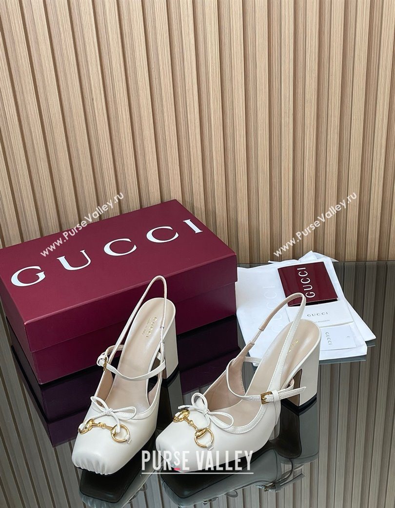 Gucci Horsebit Slingback Pumps 9.5cm in Calf Leather White 2025 850327 (SS-251218030)