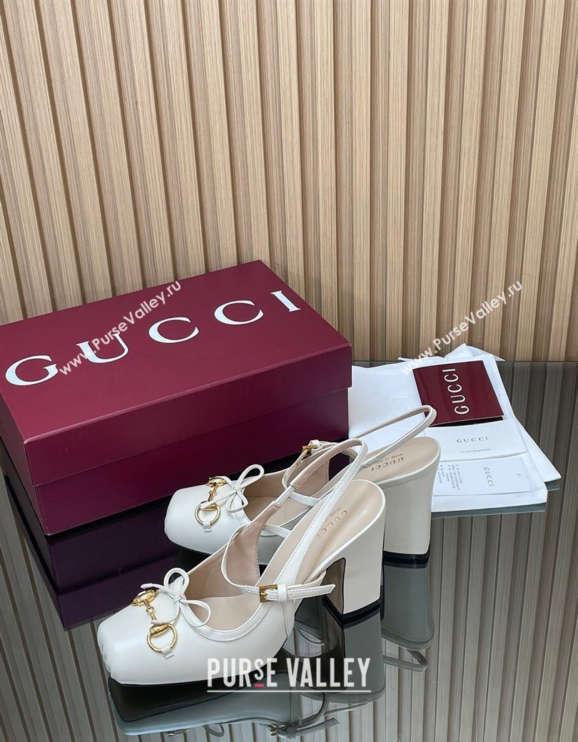 Gucci Horsebit Slingback Pumps 9.5cm in Calf Leather White 2025 850327 (SS-251218030)
