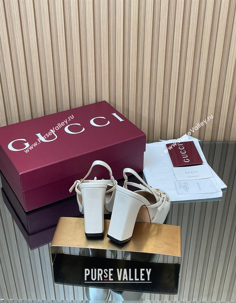 Gucci Horsebit Slingback Pumps 9.5cm in Calf Leather White 2025 850327 (SS-251218030)