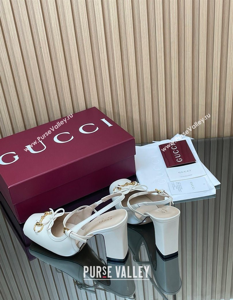 Gucci Horsebit Slingback Pumps 9.5cm in Calf Leather White 2025 850327 (SS-251218030)