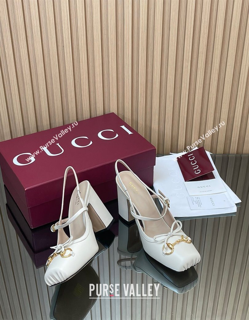 Gucci Horsebit Slingback Pumps 9.5cm in Calf Leather White 2025 850327 (SS-251218030)