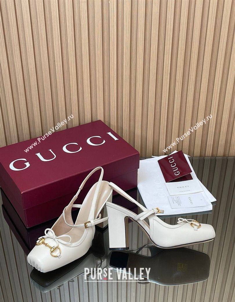 Gucci Horsebit Slingback Pumps 9.5cm in Calf Leather White 2025 850327 (SS-251218030)