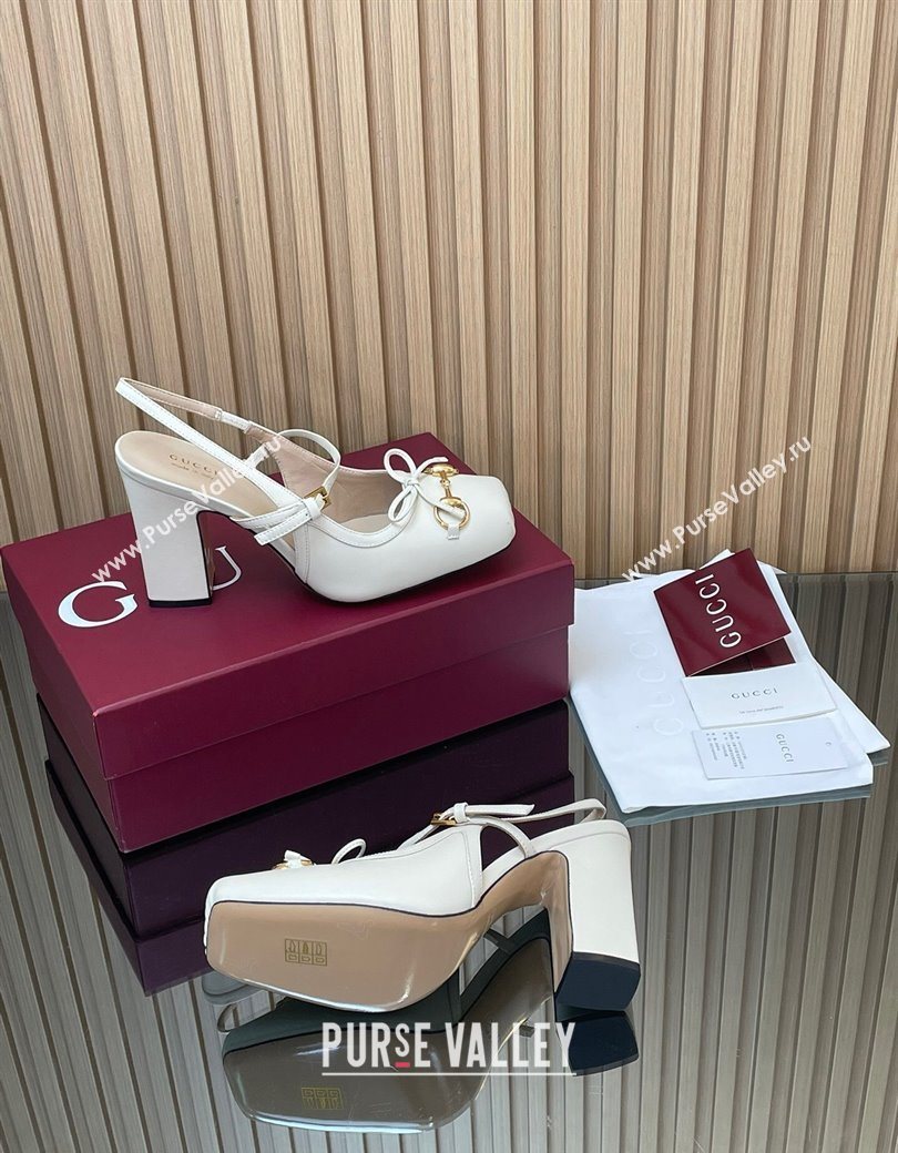 Gucci Horsebit Slingback Pumps 9.5cm in Calf Leather White 2025 850327 (SS-251218030)