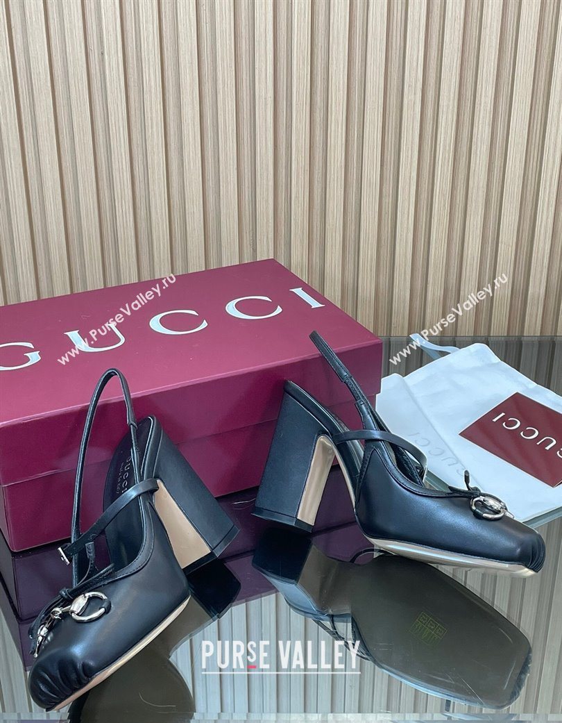 Gucci Horsebit Slingback Pumps 9.5cm in Calf Leather Black 2025 850327 (SS-251218031)
