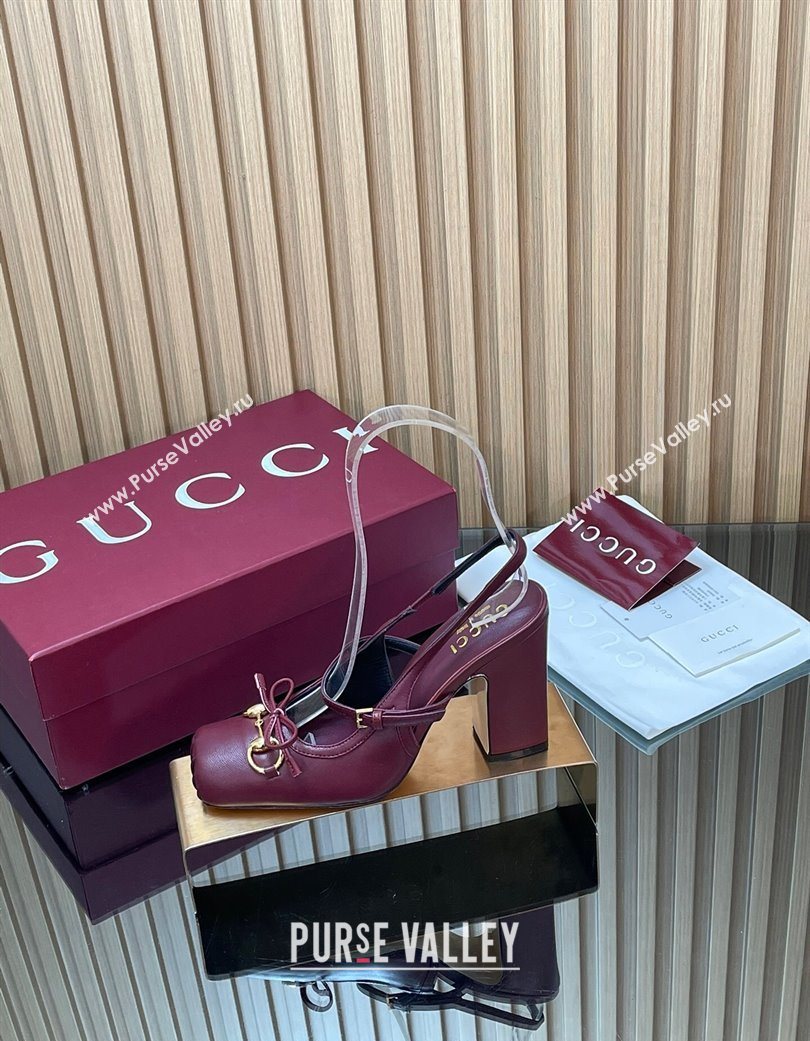 Gucci Horsebit Slingback Pumps 9.5cm in Calf Leather Dark Burgundy 2025 850327 (SS-251218032)