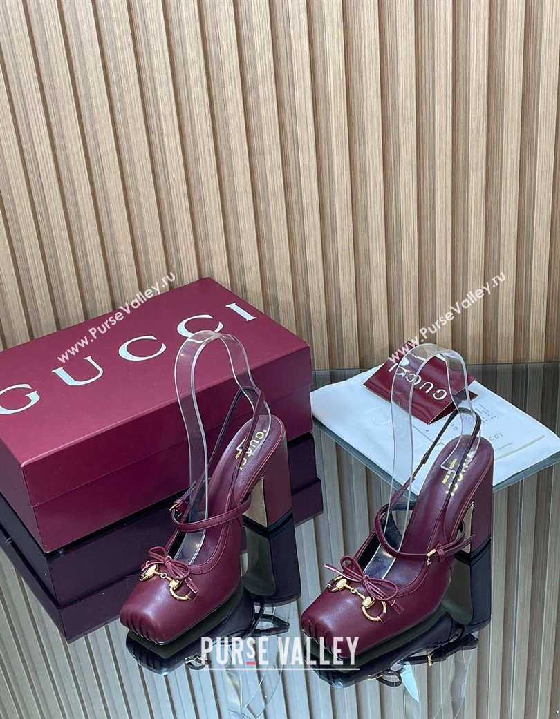 Gucci Horsebit Slingback Pumps 9.5cm in Calf Leather Dark Burgundy 2025 850327 (SS-251218032)