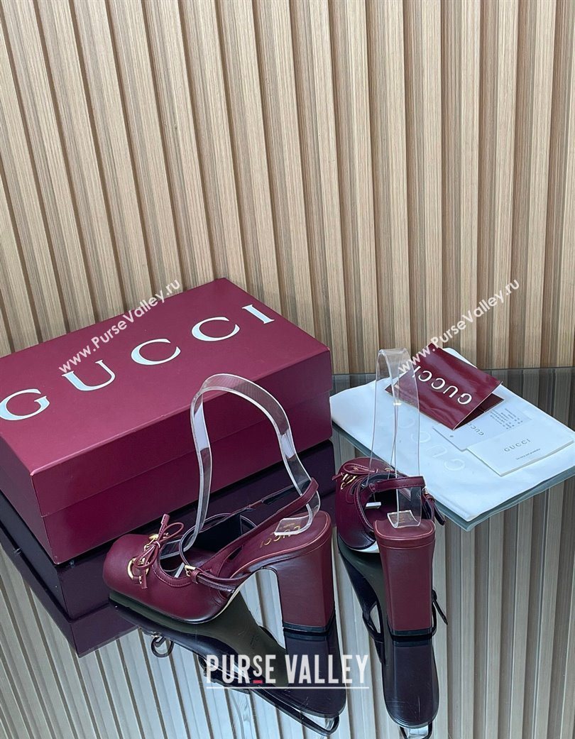 Gucci Horsebit Slingback Pumps 9.5cm in Calf Leather Dark Burgundy 2025 850327 (SS-251218032)