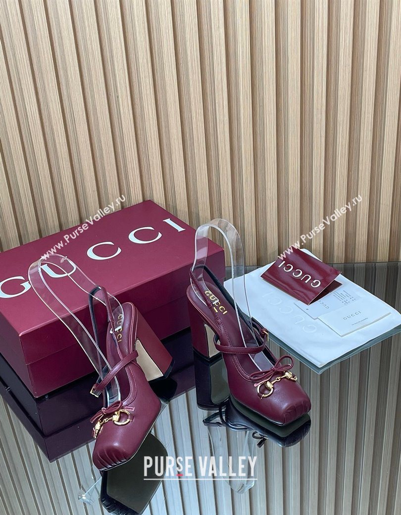 Gucci Horsebit Slingback Pumps 9.5cm in Calf Leather Dark Burgundy 2025 850327 (SS-251218032)