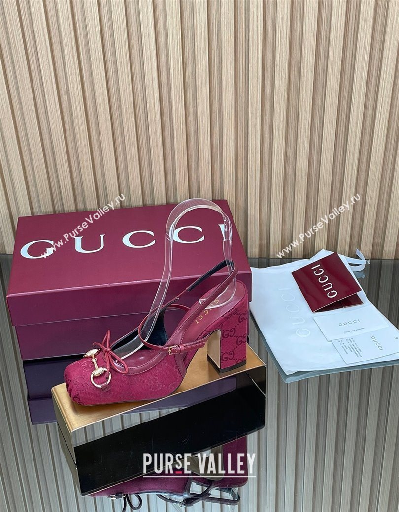 Gucci Horsebit Slingback Pumps 9.5cm in GG Canvas Red 2025 850327 (SS-251218034)