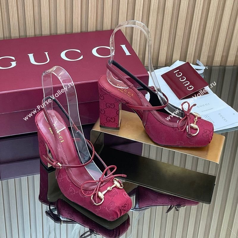 Gucci Horsebit Slingback Pumps 9.5cm in GG Canvas Red 2025 850327 (SS-251218034)