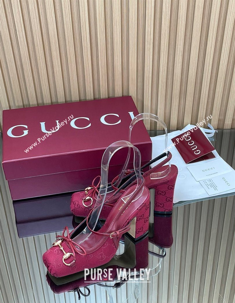 Gucci Horsebit Slingback Pumps 9.5cm in GG Canvas Red 2025 850327 (SS-251218034)