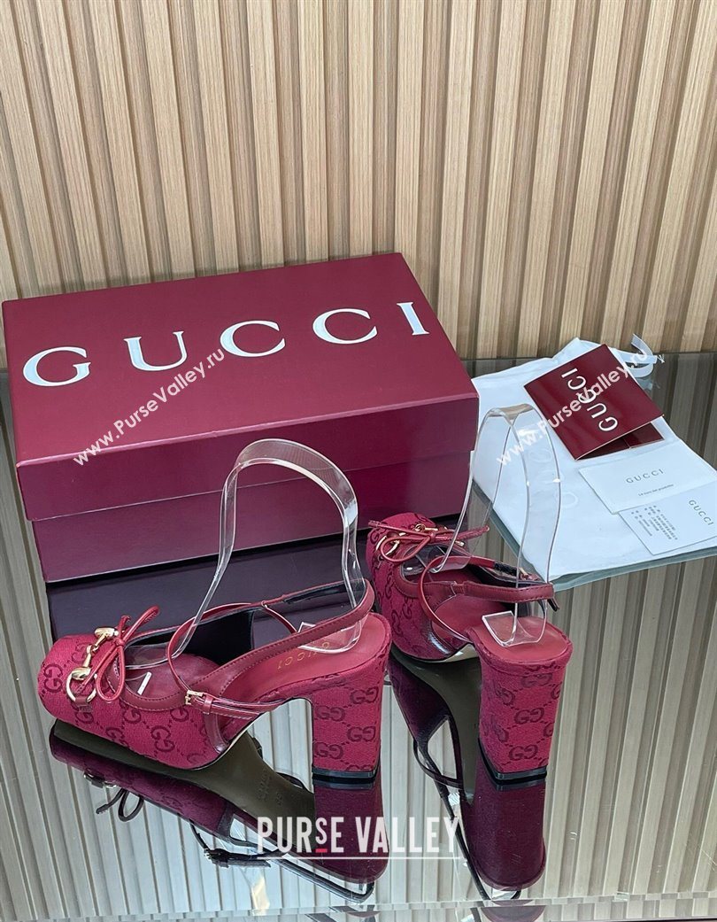 Gucci Horsebit Slingback Pumps 9.5cm in GG Canvas Red 2025 850327 (SS-251218034)