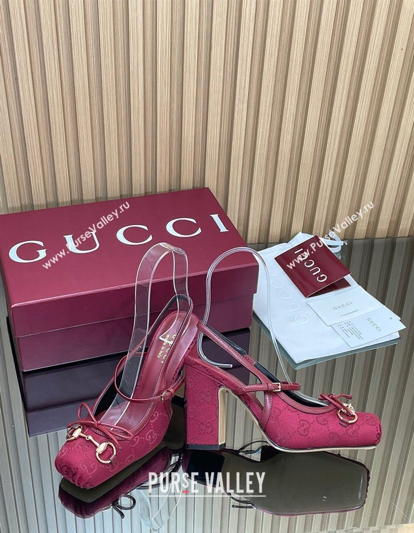 Gucci Horsebit Slingback Pumps 9.5cm in GG Canvas Red 2025 850327 (SS-251218034)