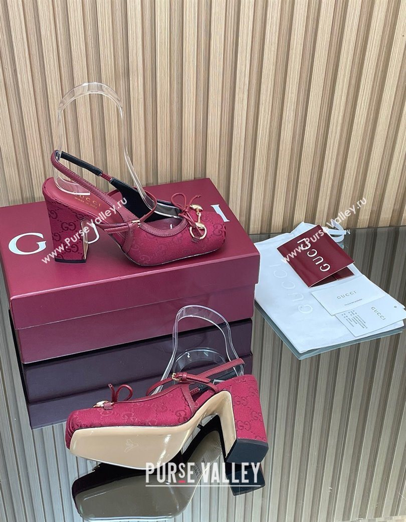 Gucci Horsebit Slingback Pumps 9.5cm in GG Canvas Red 2025 850327 (SS-251218034)