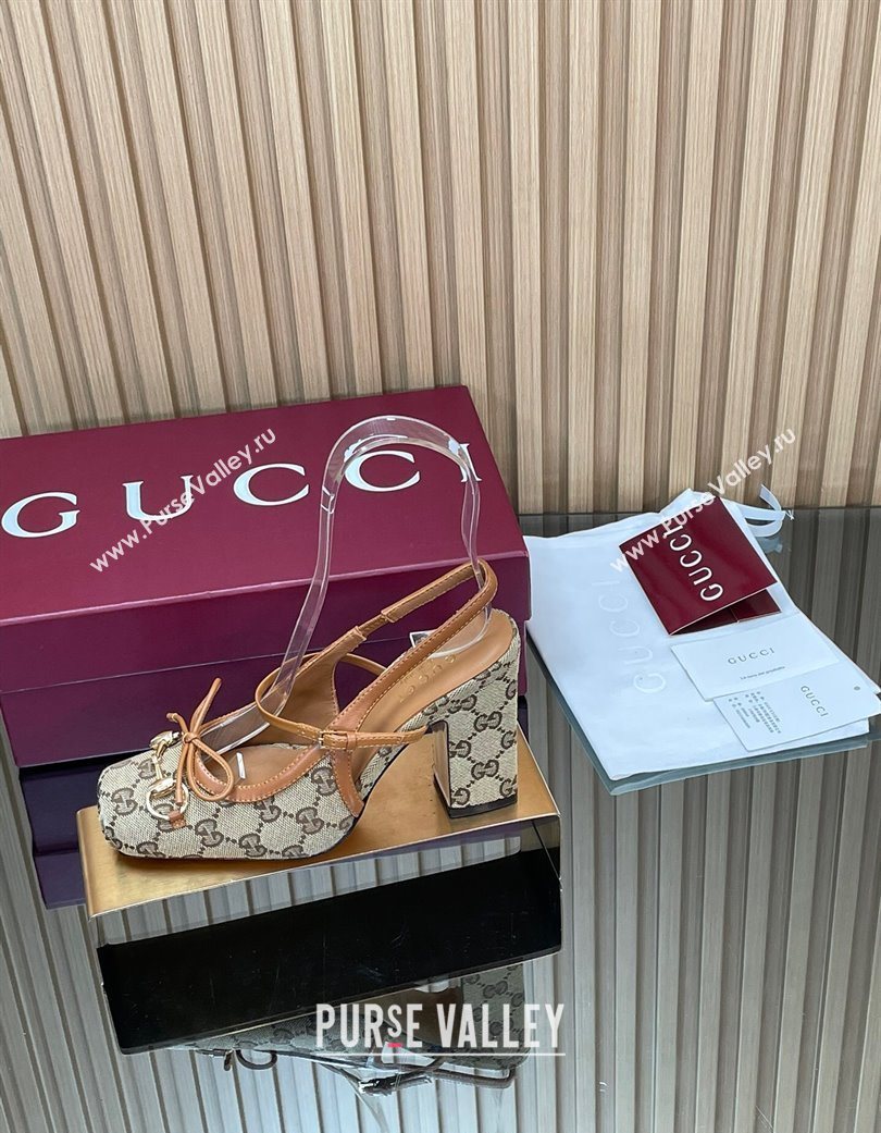 Gucci Horsebit Slingback Pumps 9.5cm in GG Canvas Beige 2025 850327 (SS-251218035)