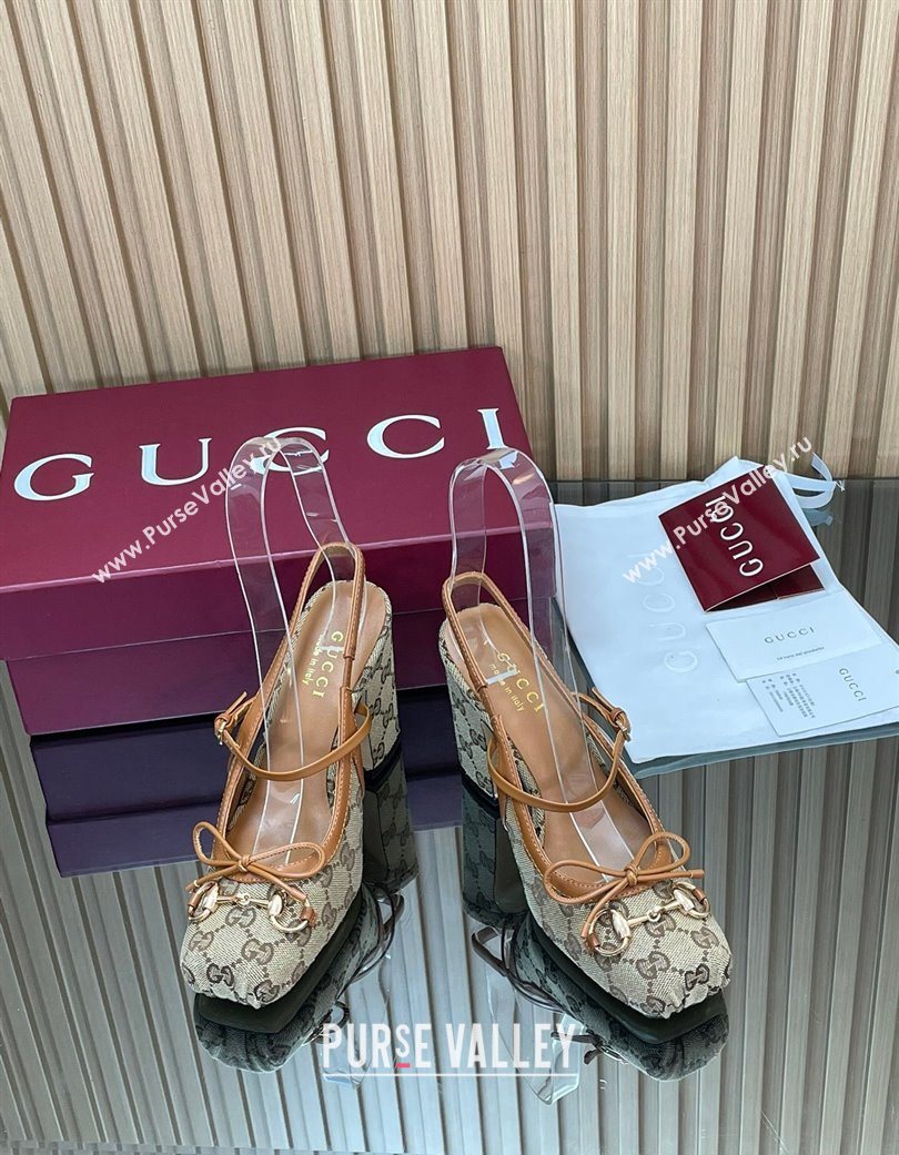 Gucci Horsebit Slingback Pumps 9.5cm in GG Canvas Beige 2025 850327 (SS-251218035)