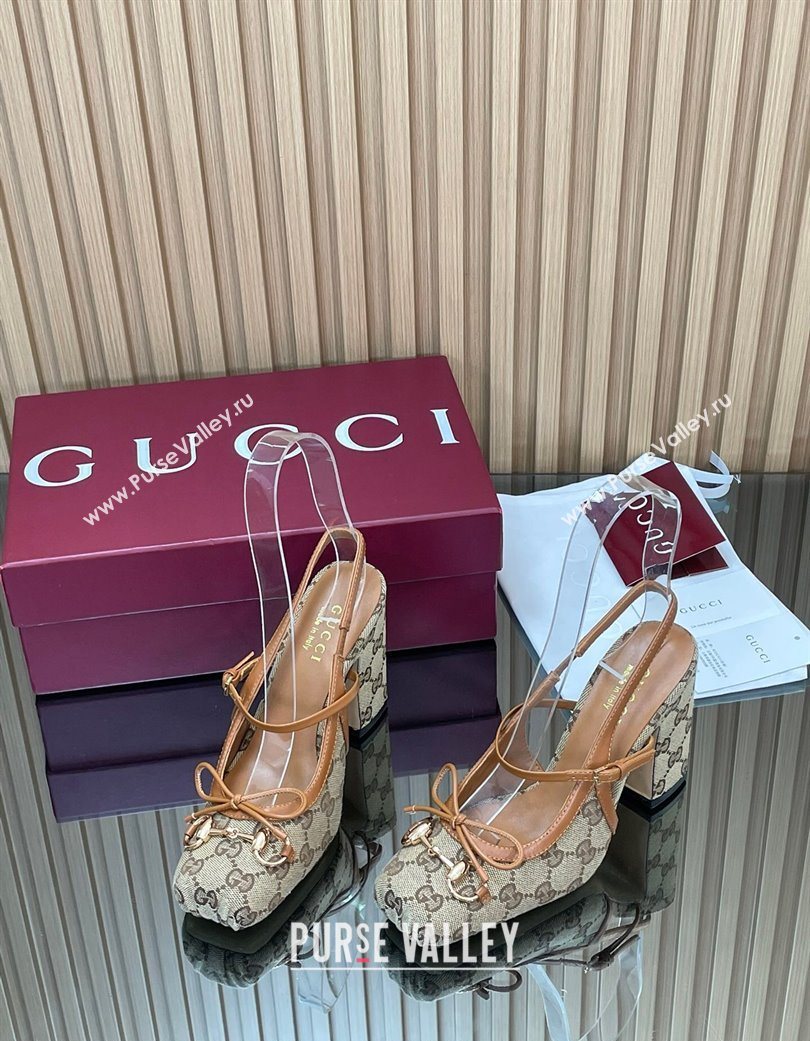 Gucci Horsebit Slingback Pumps 9.5cm in GG Canvas Beige 2025 850327 (SS-251218035)
