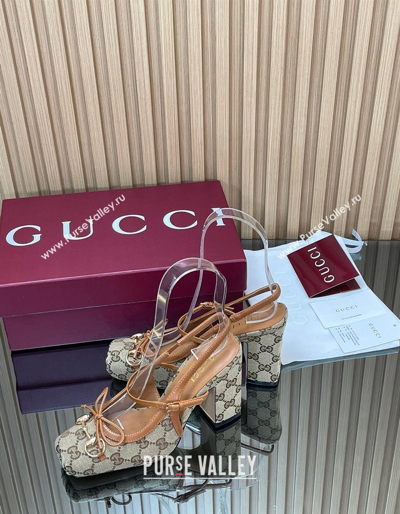 Gucci Horsebit Slingback Pumps 9.5cm in GG Canvas Beige 2025 850327 (SS-251218035)