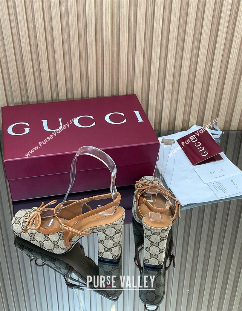 Gucci Horsebit Slingback Pumps 9.5cm in GG Canvas Beige 2025 850327 (SS-251218035)