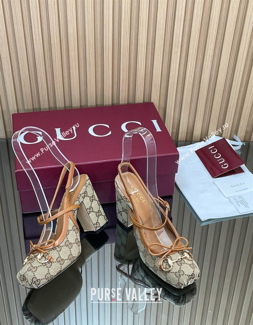 Gucci Horsebit Slingback Pumps 9.5cm in GG Canvas Beige 2025 850327 (SS-251218035)