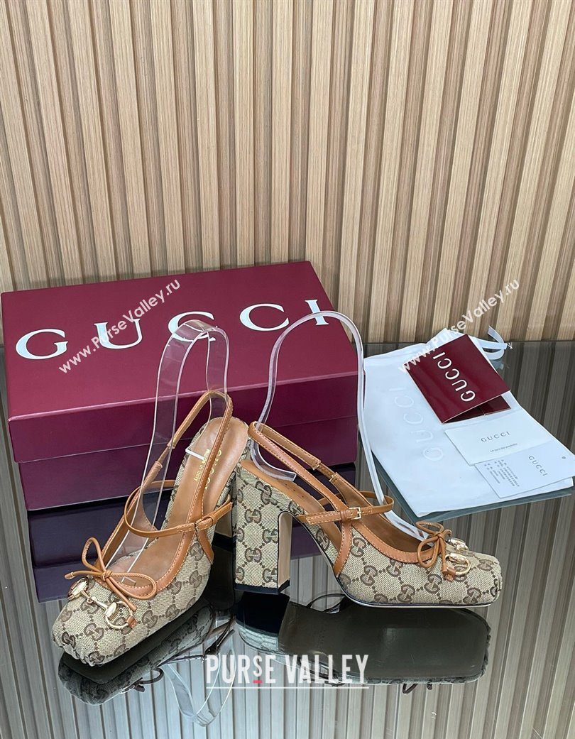 Gucci Horsebit Slingback Pumps 9.5cm in GG Canvas Beige 2025 850327 (SS-251218035)
