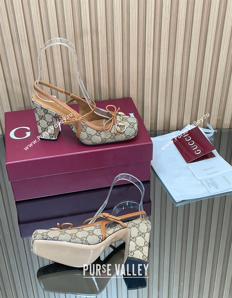 Gucci Horsebit Slingback Pumps 9.5cm in GG Canvas Beige 2025 850327 (SS-251218035)