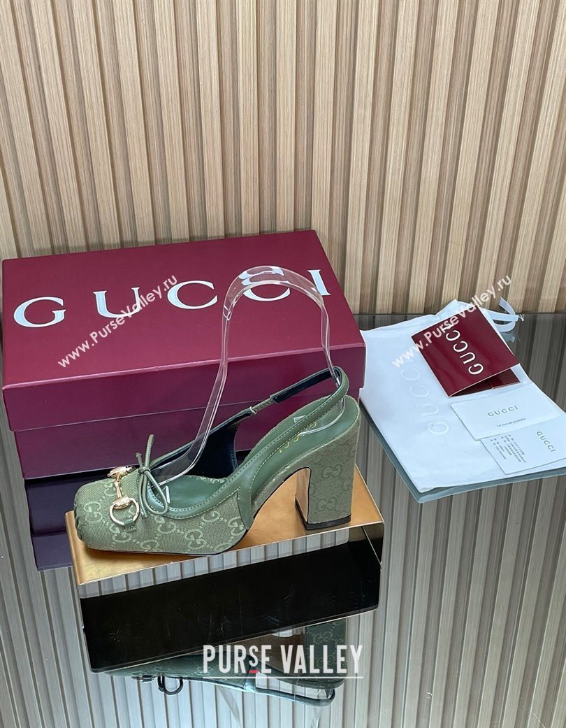 Gucci Horsebit Slingback Pumps 9.5cm in GG Canvas Green 2025 850327 (SS-251218036)