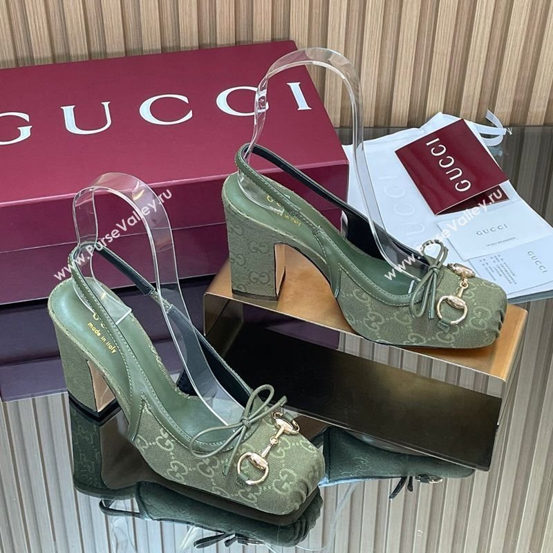 Gucci Horsebit Slingback Pumps 9.5cm in GG Canvas Green 2025 850327 (SS-251218036)