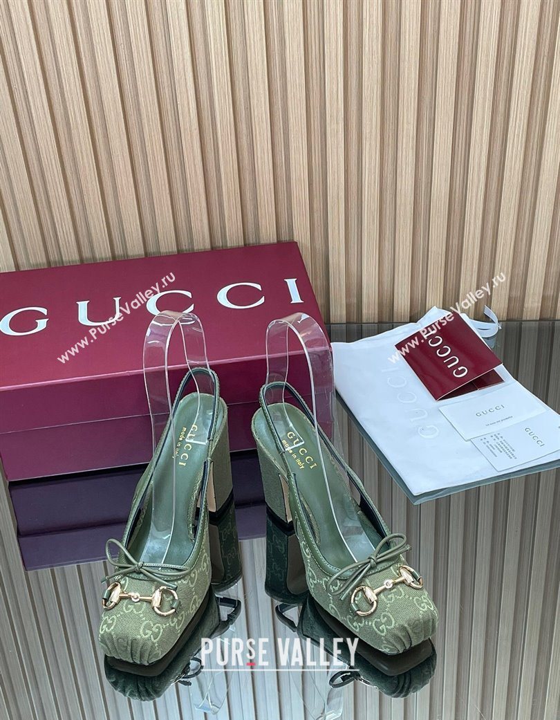Gucci Horsebit Slingback Pumps 9.5cm in GG Canvas Green 2025 850327 (SS-251218036)