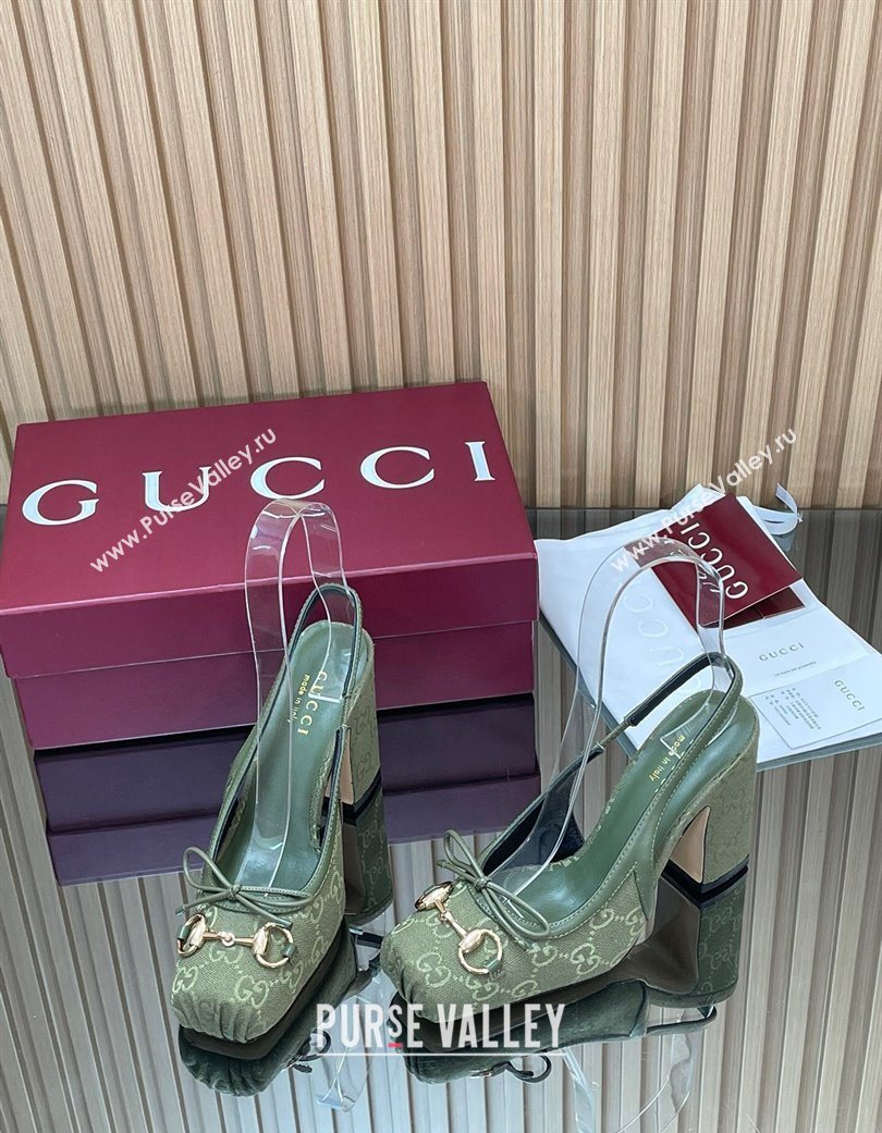 Gucci Horsebit Slingback Pumps 9.5cm in GG Canvas Green 2025 850327 (SS-251218036)