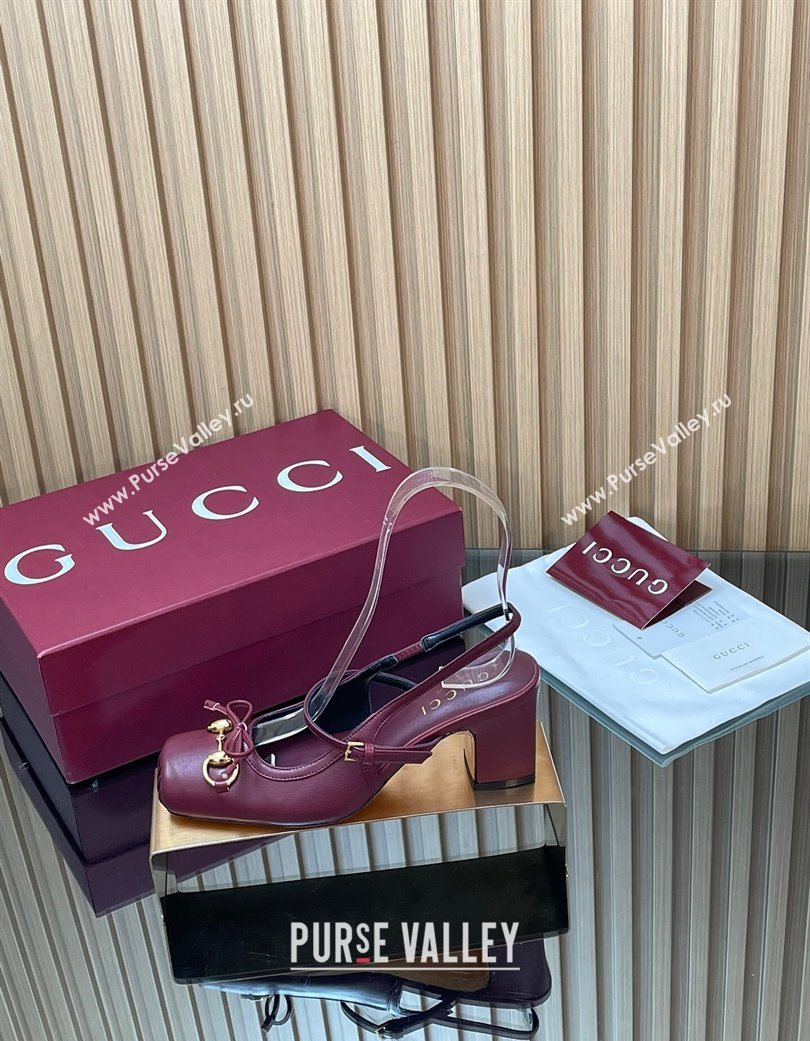 Gucci Horsebit Slingback Pumps 6.5cm in Calf Leather Dark Burgundy 2025 850327 (SS-251218019)