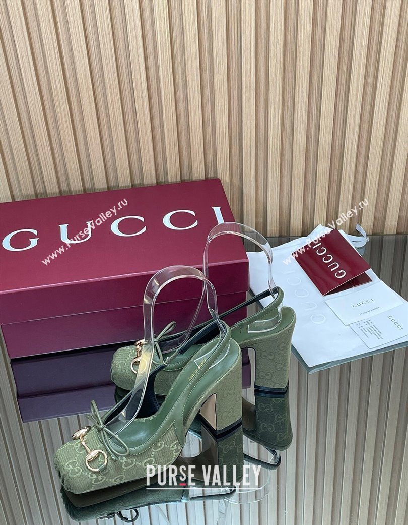 Gucci Horsebit Slingback Pumps 9.5cm in GG Canvas Green 2025 850327 (SS-251218036)