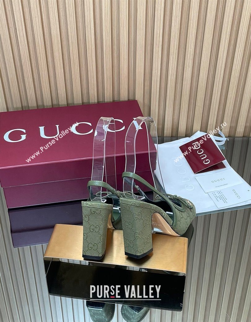 Gucci Horsebit Slingback Pumps 9.5cm in GG Canvas Green 2025 850327 (SS-251218036)