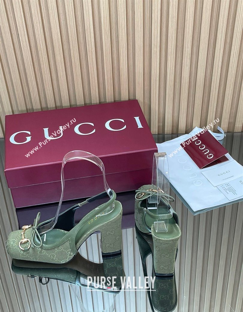 Gucci Horsebit Slingback Pumps 9.5cm in GG Canvas Green 2025 850327 (SS-251218036)